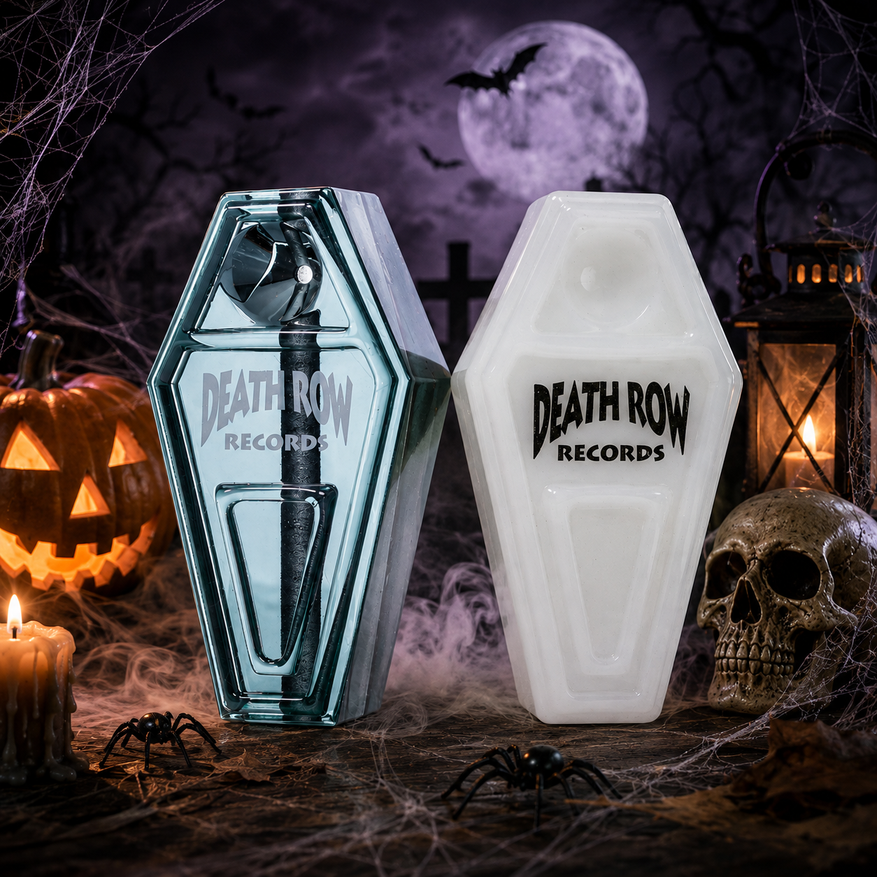 Death Row Coffin Hand Pipe with a Halloween background