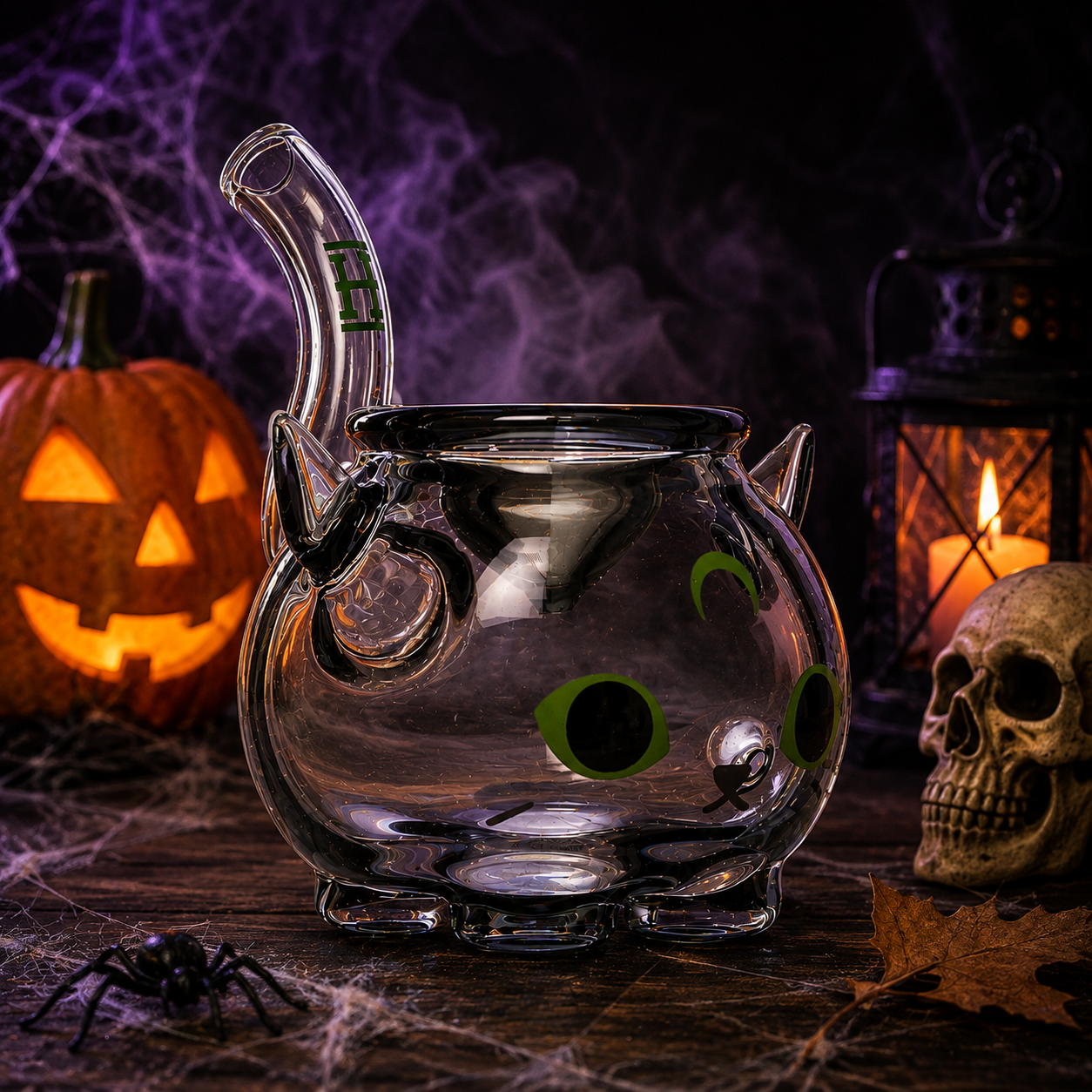 Hemper Black Cat Hand Pipe with a Halloween background