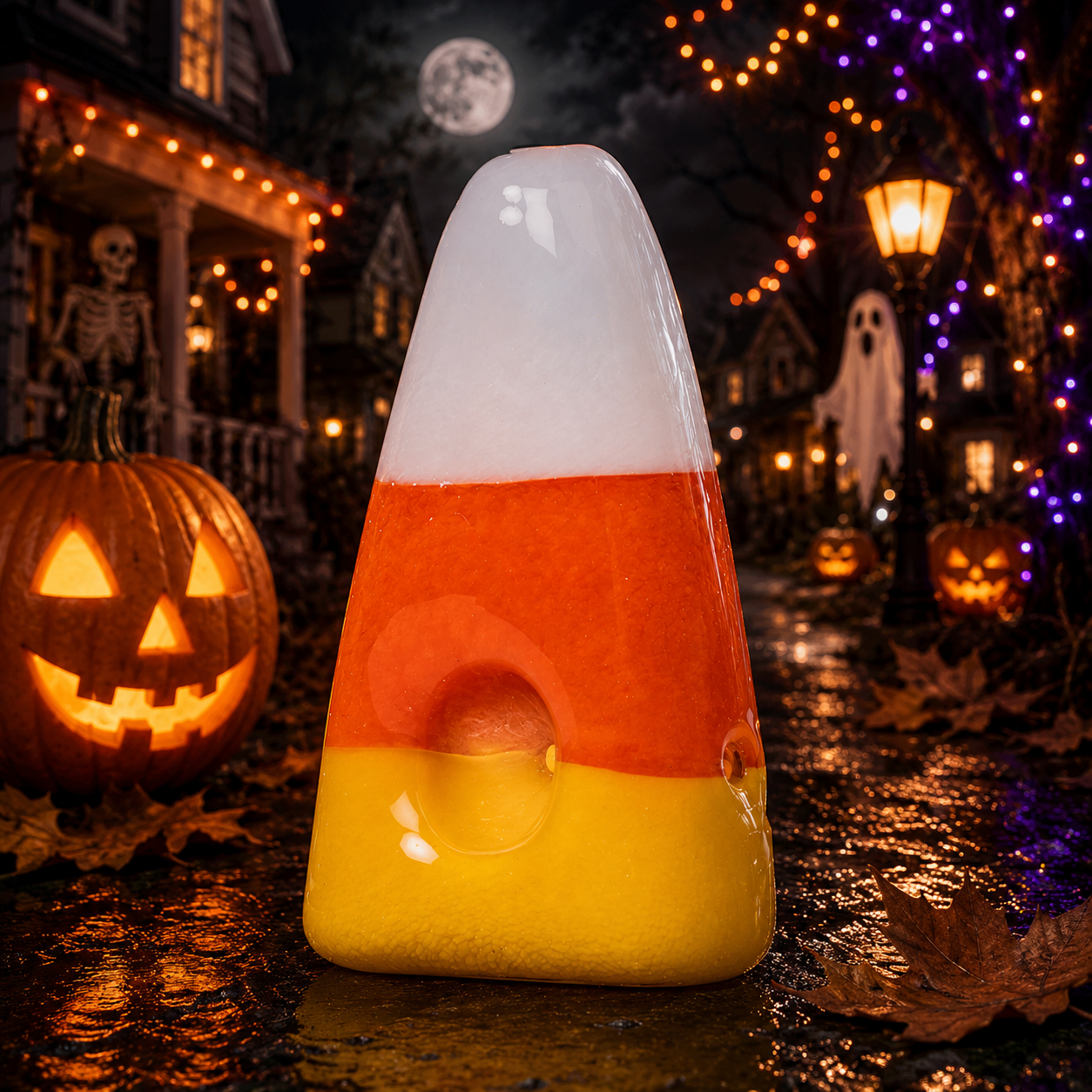 MJ Arsenal Candy Corn Hand Pipe with a Halloween background