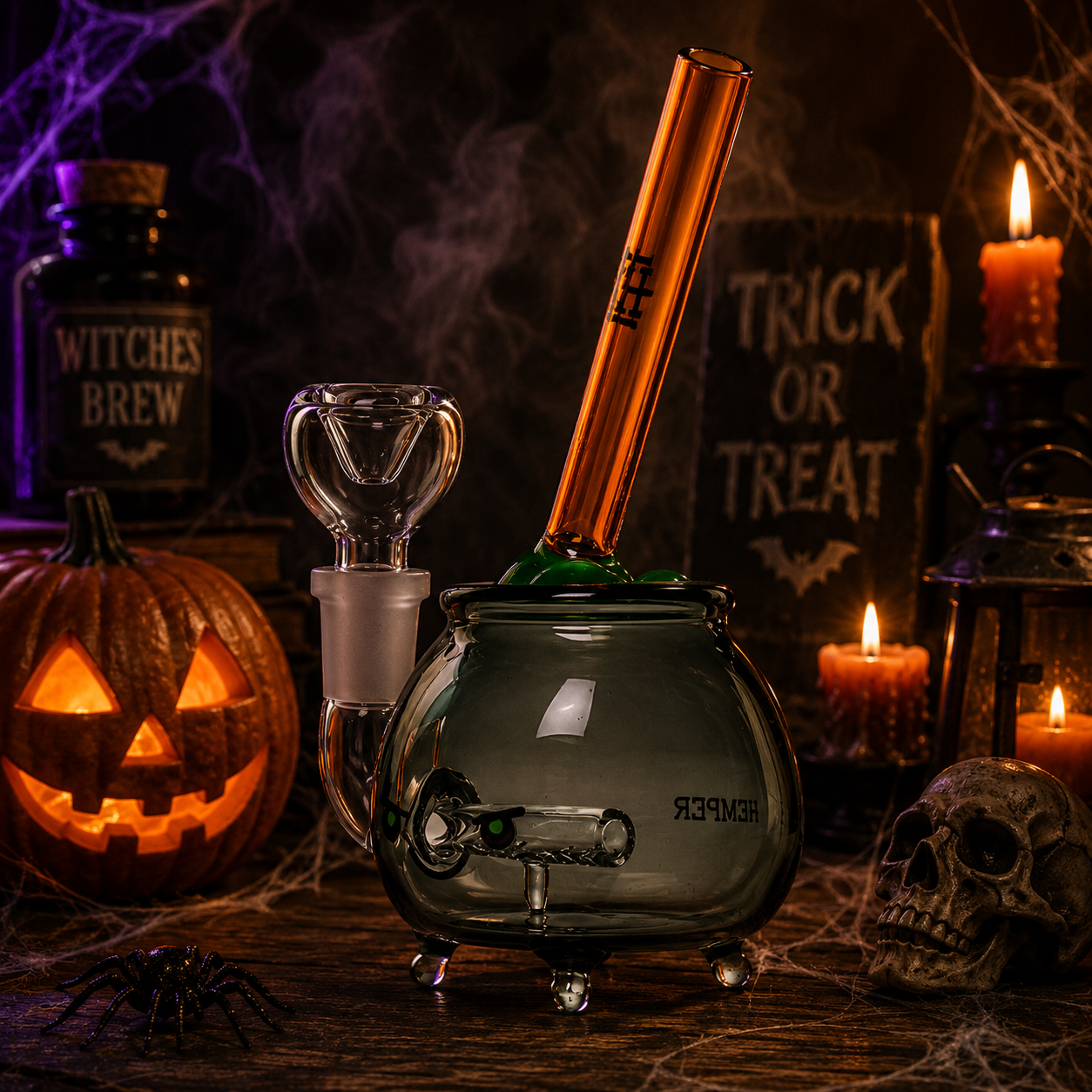 Hemper Cauldron Bong with a Halloween Background