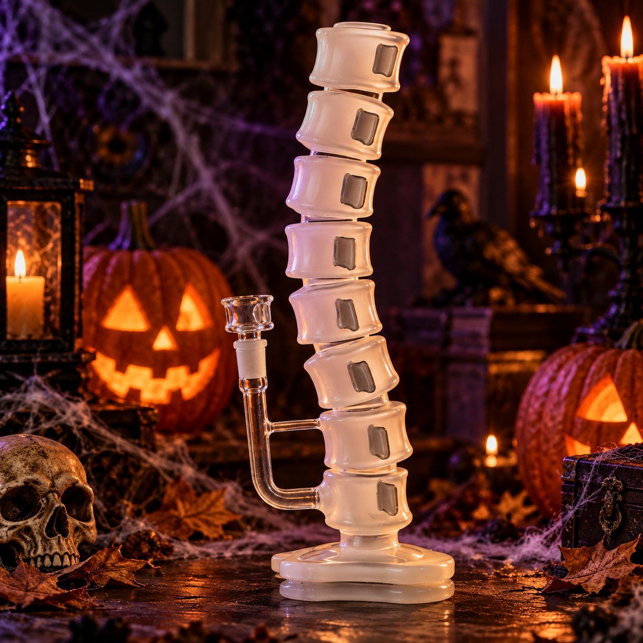 MJ Arsenal Skele Tube Bong with a Halloween background