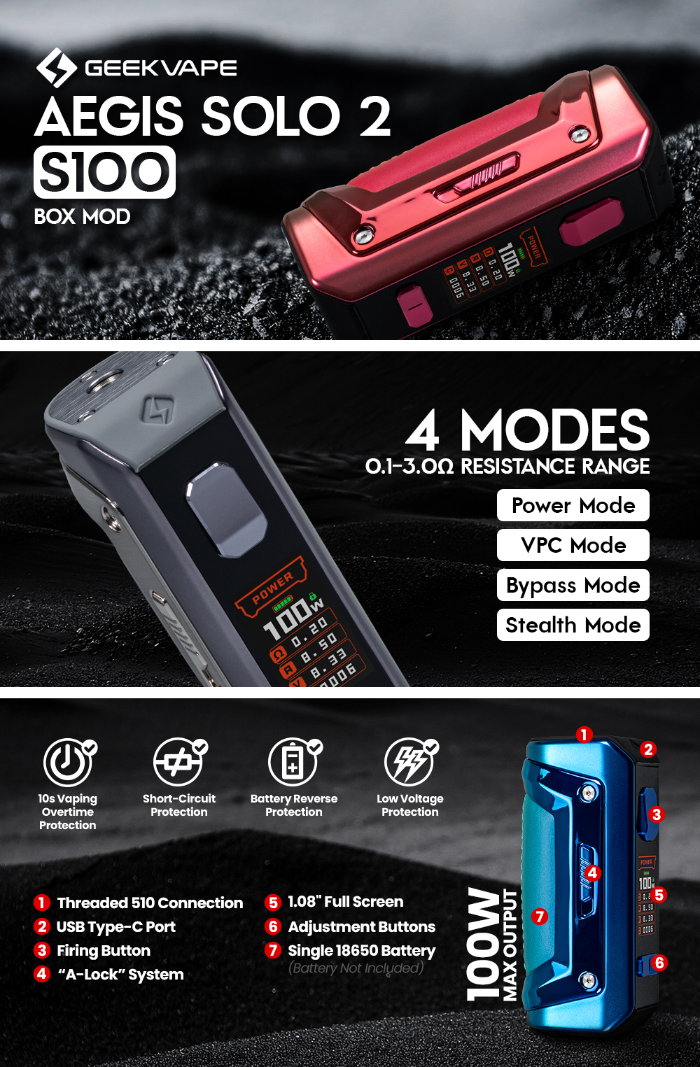 geekvape aegis battery low protection Geek Vape S100 Aegis Solo 2 Box Mod