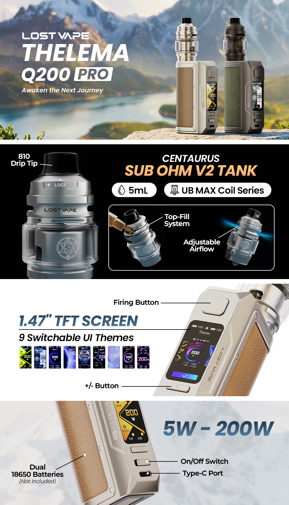Infographic showing the specifications and features of the Lost Vape Thelema Q200 PRO Starter Kit
