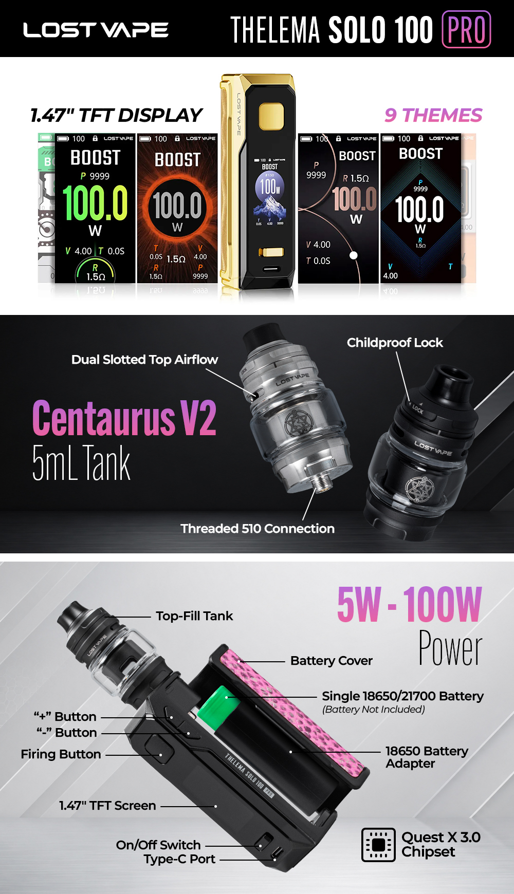 Lost Vape THELEMA SOLO 100 PRO Starter Kit - Infographic