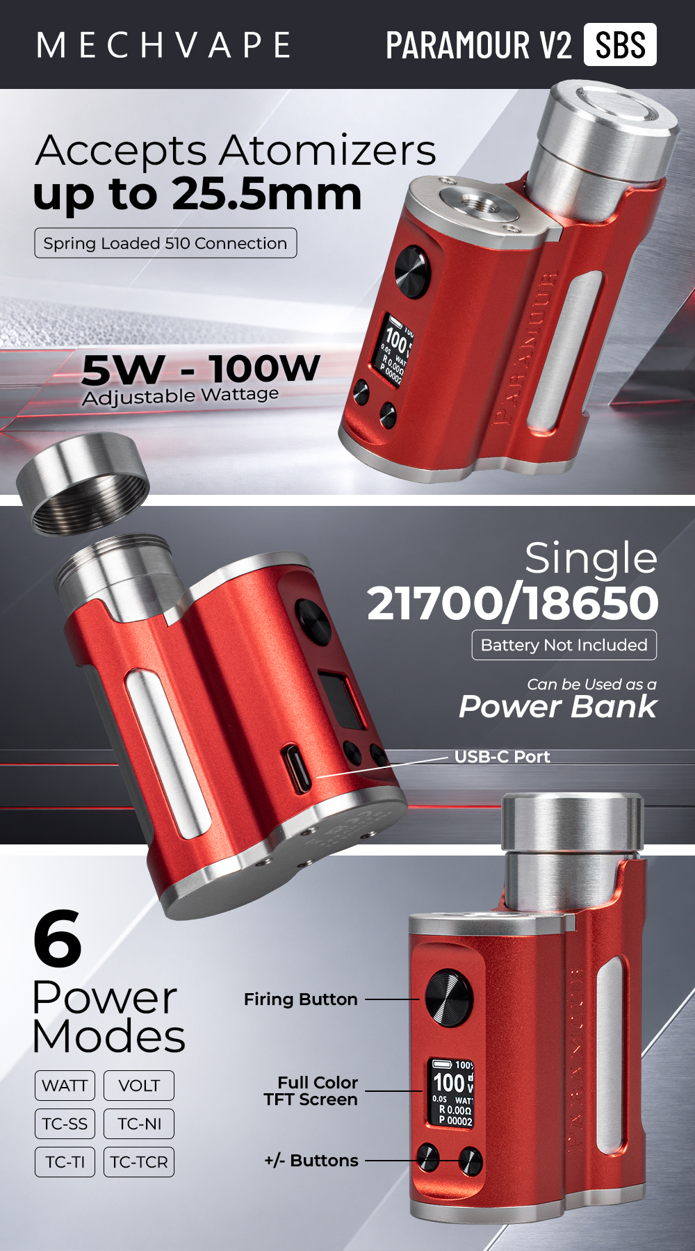 MECH VAPE Paramour V2 SBS 100W Mod - Infographic