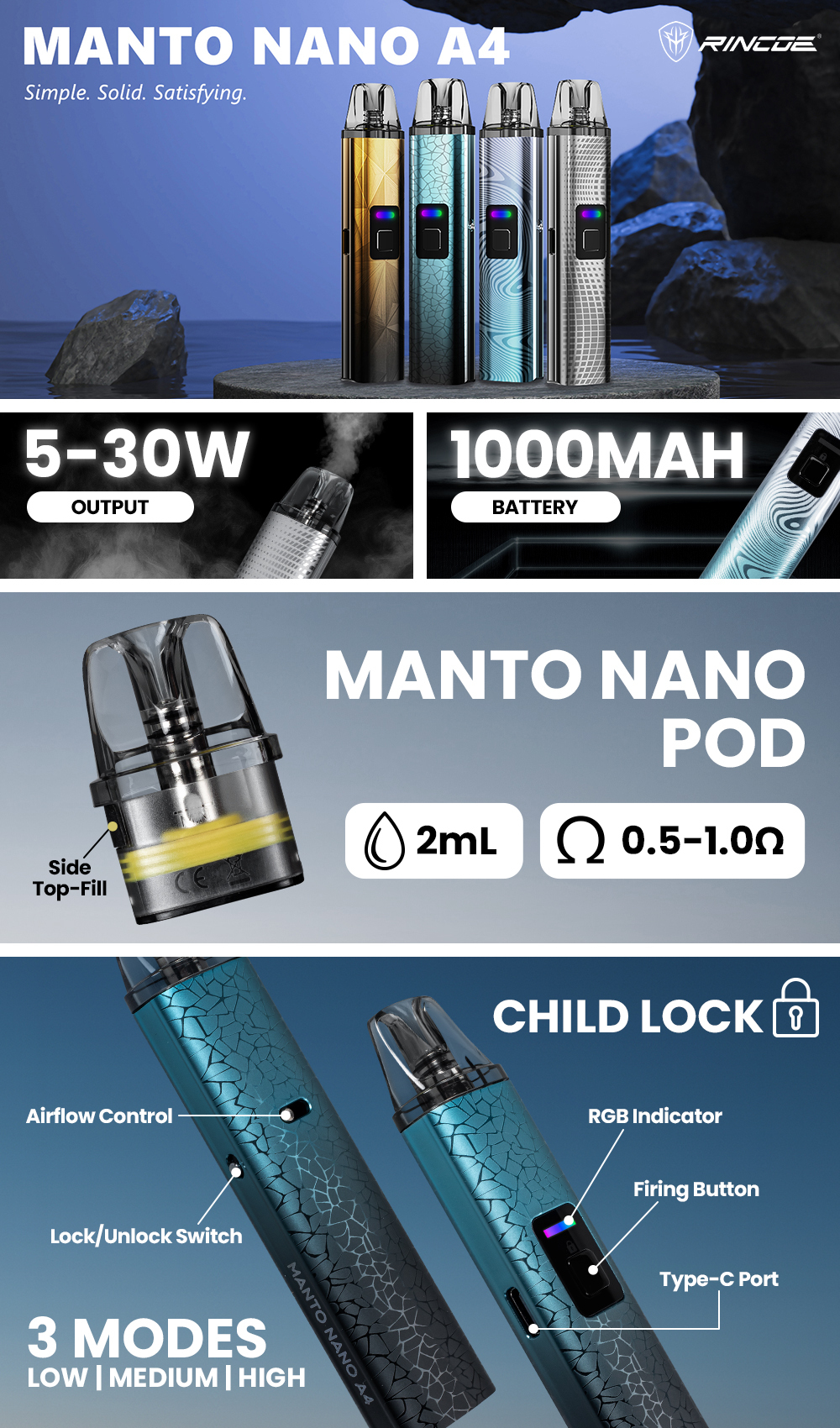 Rincoe Manto Nano A4 30W Pod System - Infographic Rincoe Manto Nano A4 30W Pod System - Infographic