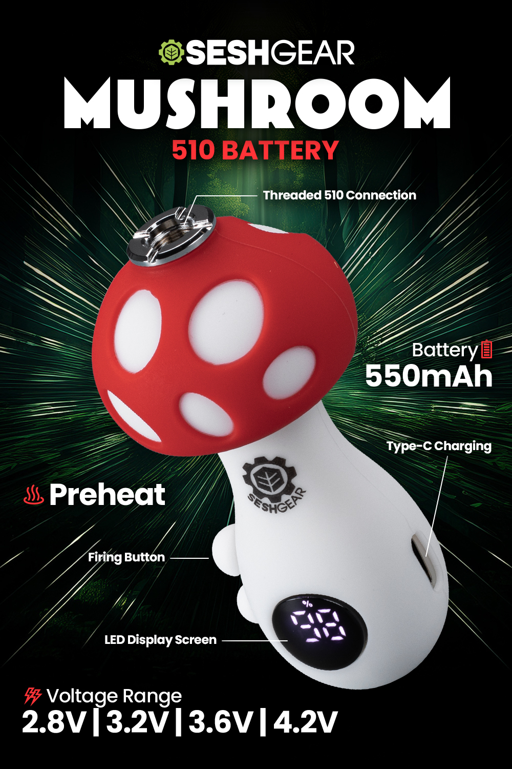 SeshGear Mushroom 510 Battery - $16.99