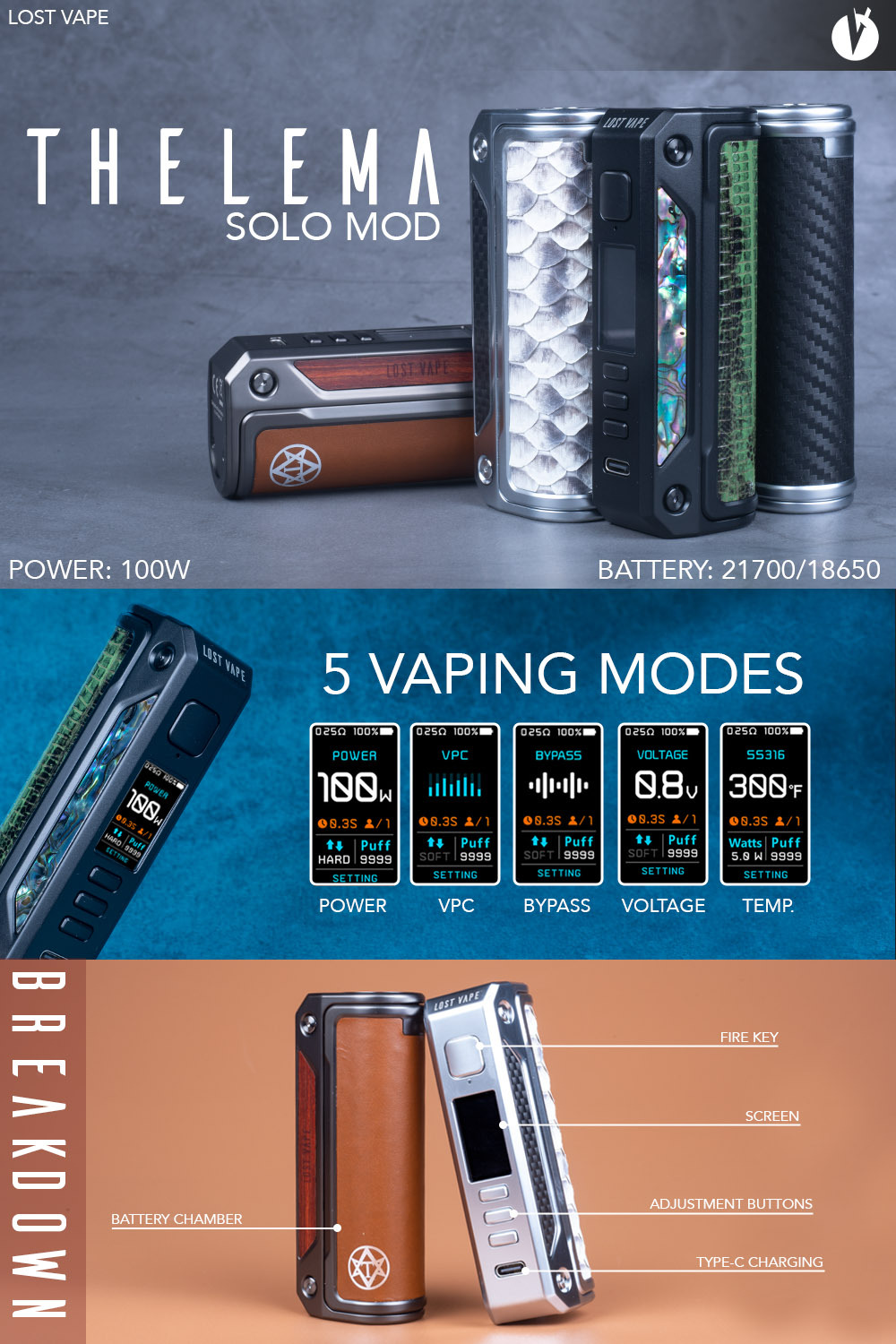 lost vape thelema solo mod Lost Vape Thelema Solo 100W Box Mod