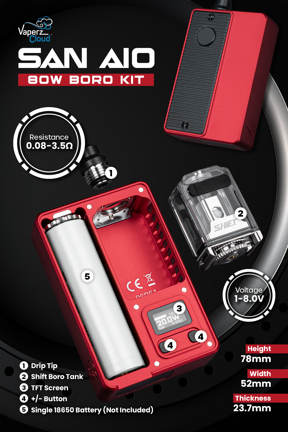 Vaperz Cloud x GeroBak SAN AIO 80W Boro Kit - Inforgraphic Vaperz Cloud x GeroBak SAN AIO 80W Boro Kit - Inforgraphic